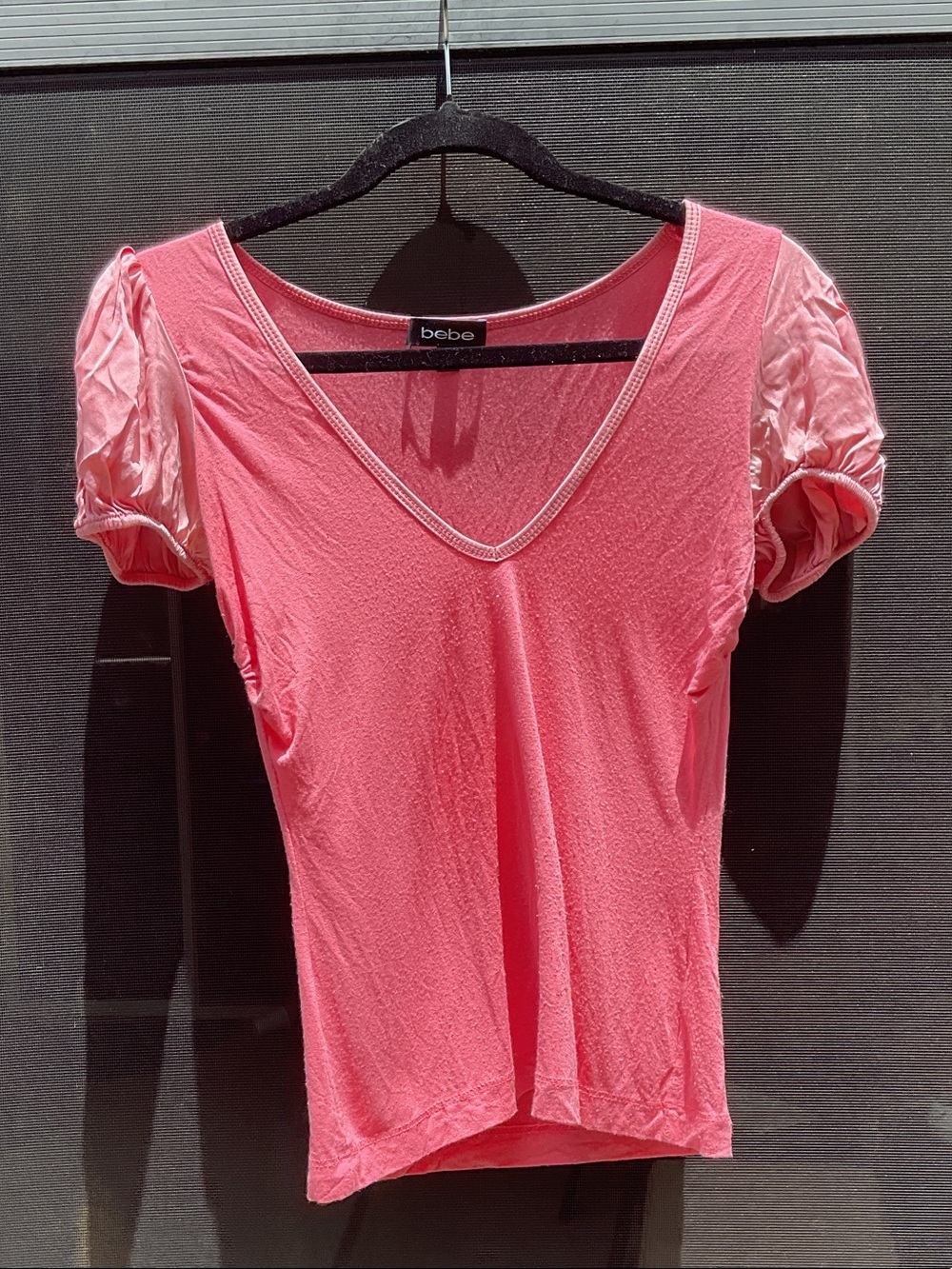 bebe Coral Pink V-Neck Puff Sleeve Top